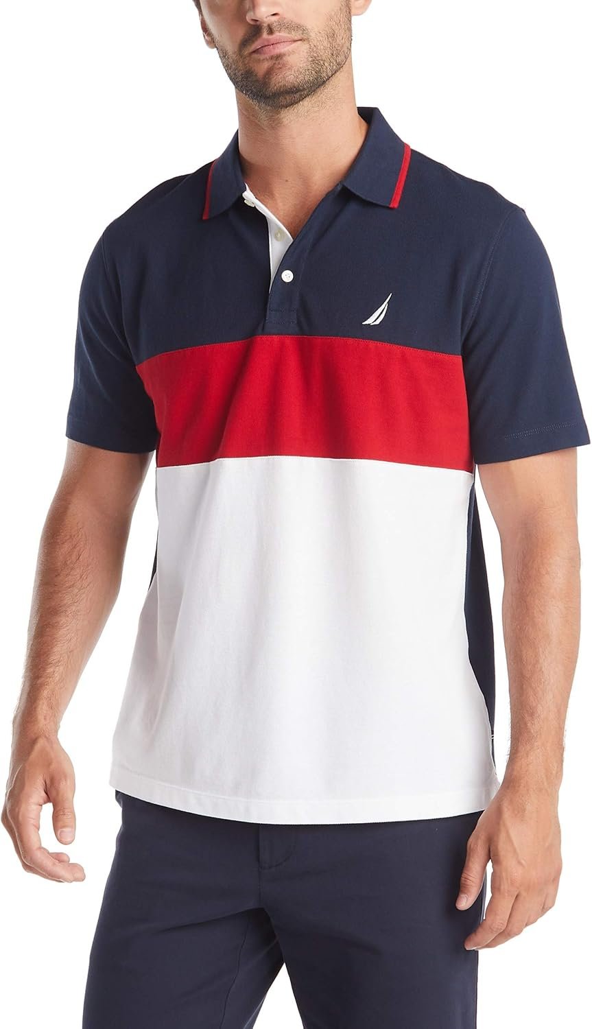 Nautica Men's Short Sleeve 100% Cotton Pique Color Block Polo Shirt