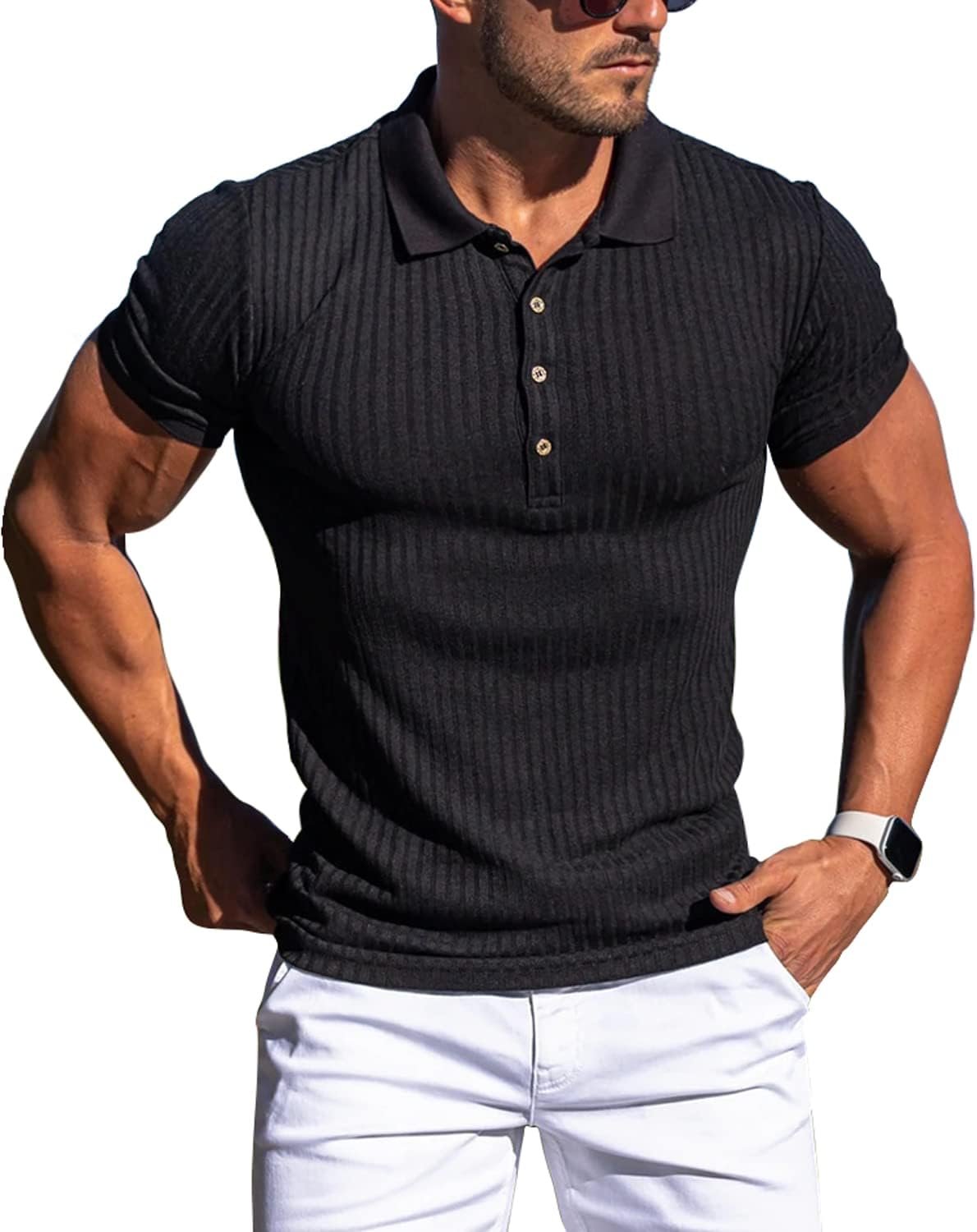 Collared Muscle Polo Shirts Men Slim Fit Textured Knit Polo Shirts Short Sleeve...