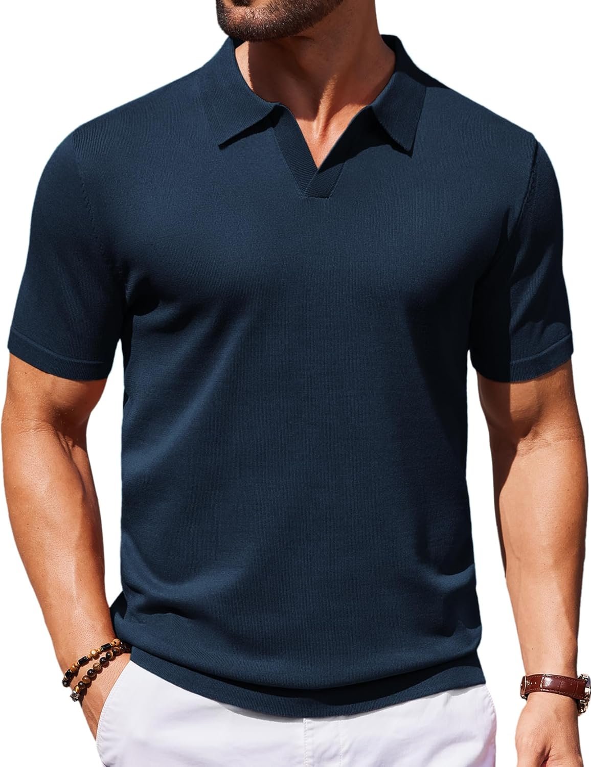 COOFANDY Men's V Neck Short Sleeve Stretch Knit Polo Shirt