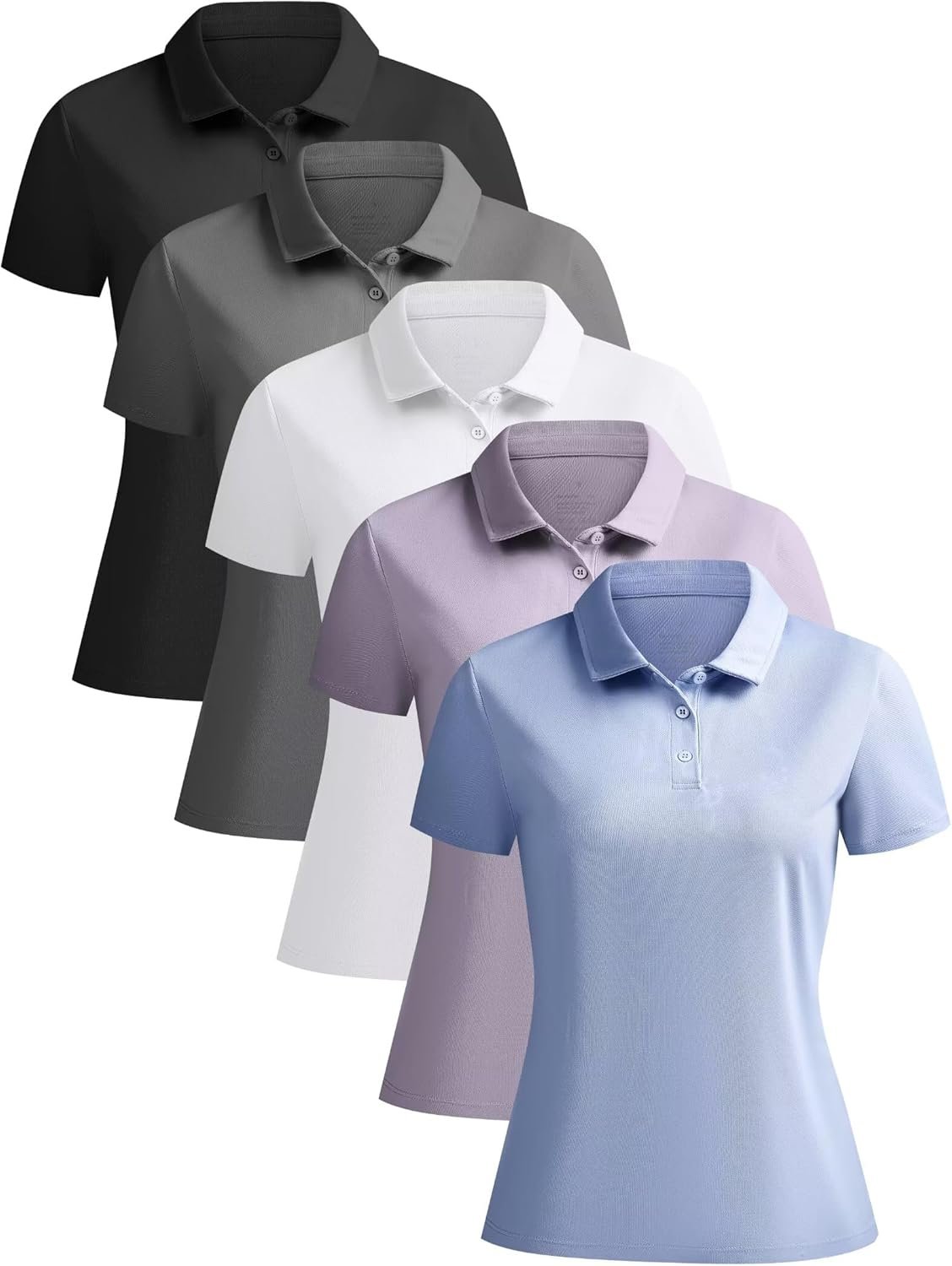 NebuKinex 5 Pack Women's Polo Shirts Short Sleeve 3 Buttons Collared Uniform...