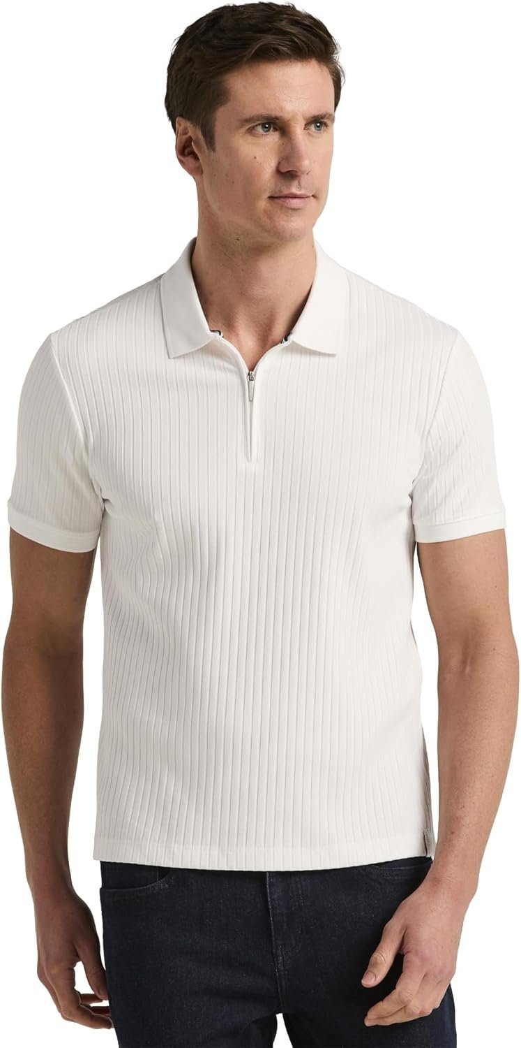 Perry Ellis Men's Quarter Zip Short Sleeve Ribbed Knit Polo Shirt