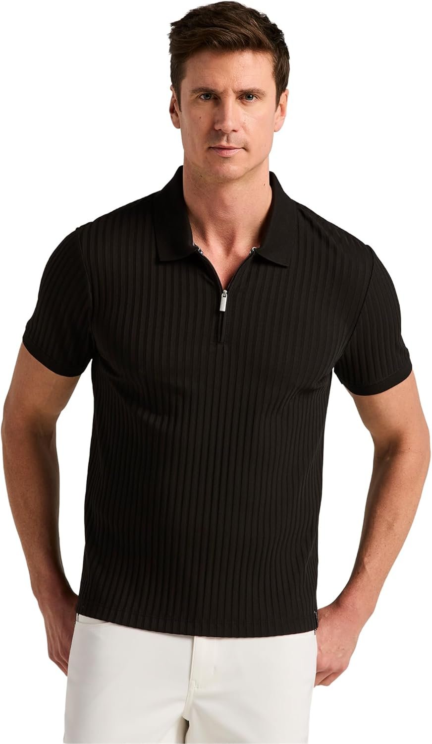 Perry Ellis Men's Quarter Zip Short Sleeve Ribbed Knit Polo Shirt
