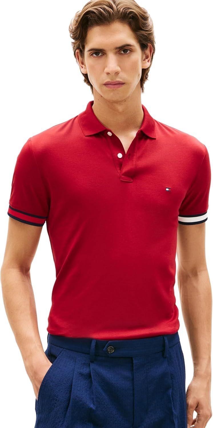 Tommy Hilfiger Men's RWB Cuff Liquid Cotton Slim Polo Mw0mw42743 S/S Polo Shirt...
