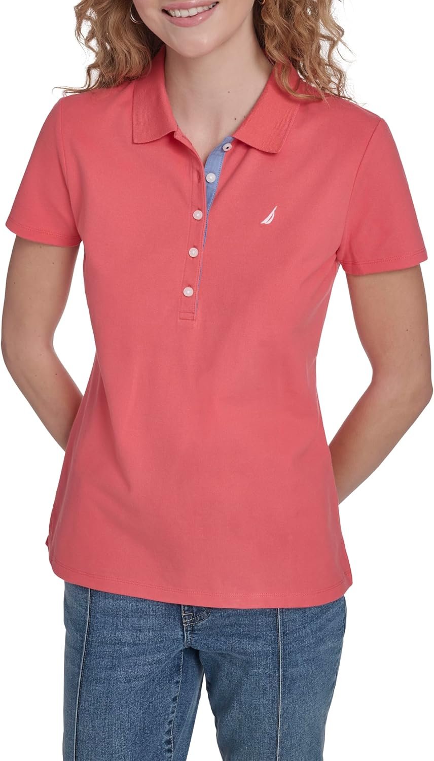 Nautica Women's 5-Button Short Sleeve Breathable 100% Cotton Polo Shirt