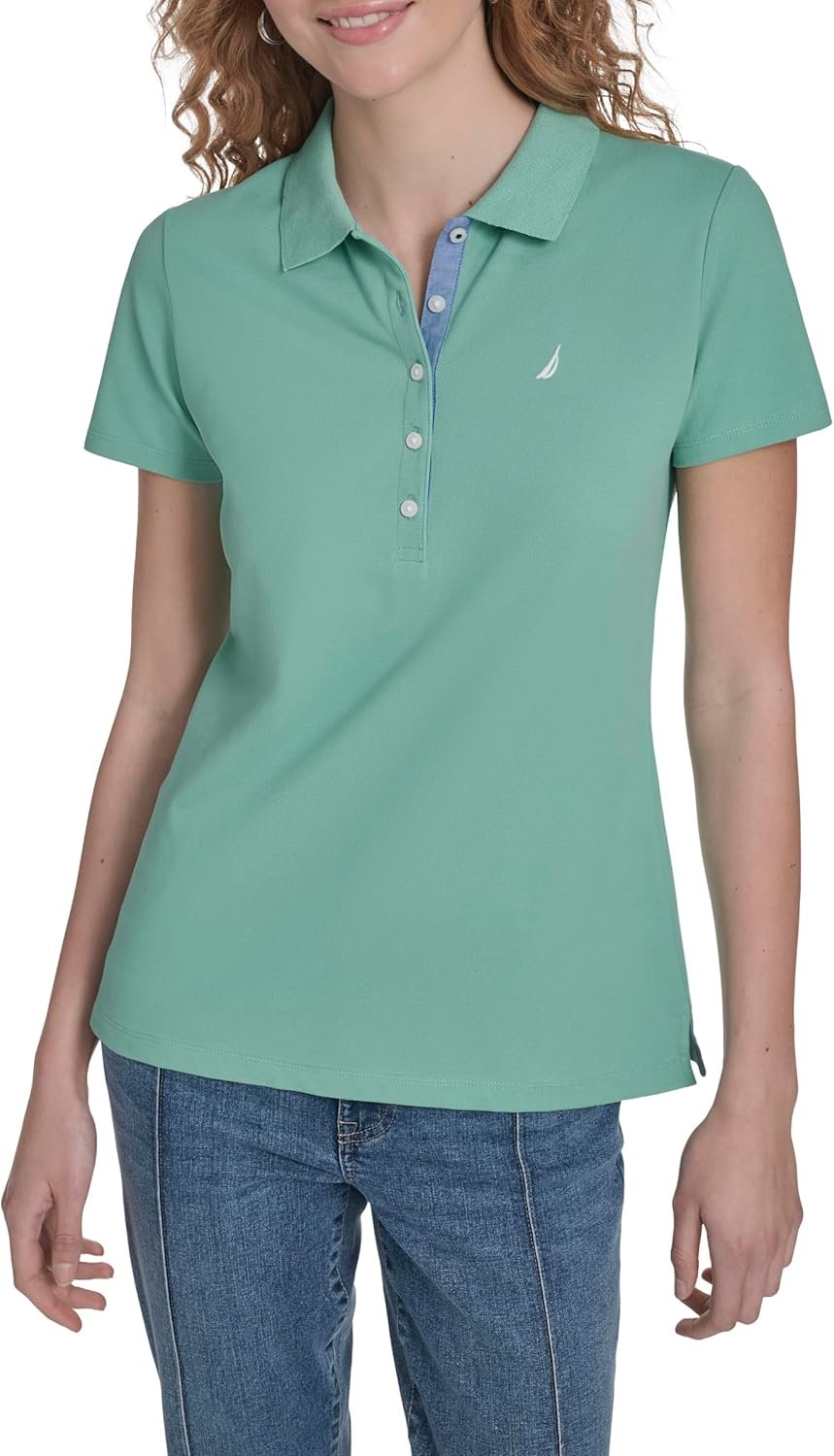 Nautica Women's 5-Button Short Sleeve Breathable 100% Cotton Polo Shirt